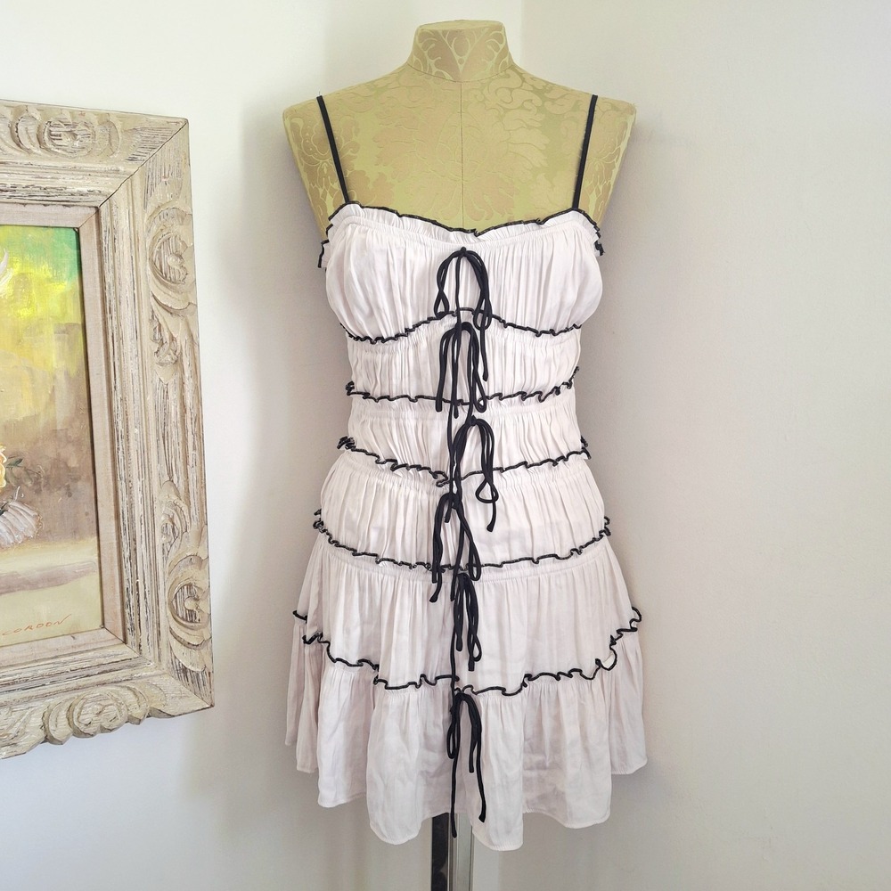 Y2K Vintage Klesis Women's Babydoll‎ Peasant Slip Mini Dress Beige Black Bows S